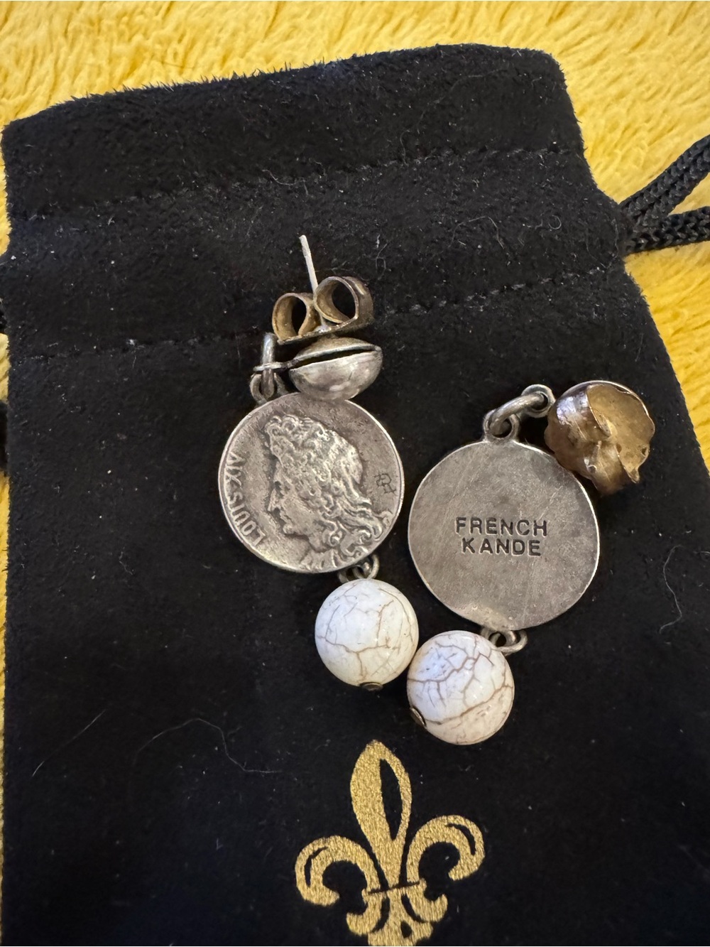 French Kande Silver Coin & White Turquoise Stone Drop Earrings - Picture 3 of 3